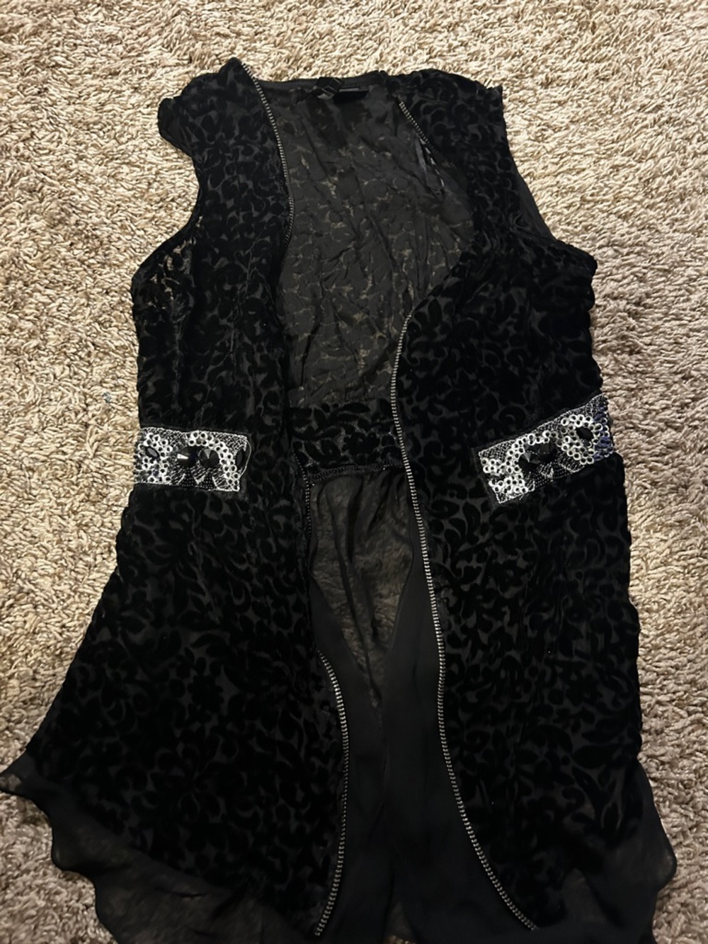 Buckle Black Velvet Sleeveless Sequin-Trim Vest